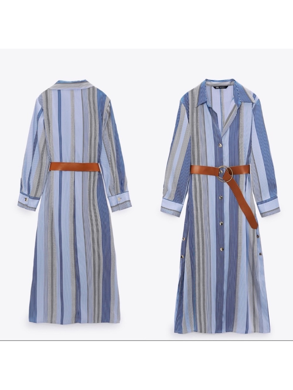 Zara Blue and Gray Multi-Stripe Button-Front Midi Shirt Dress with Brown Belt